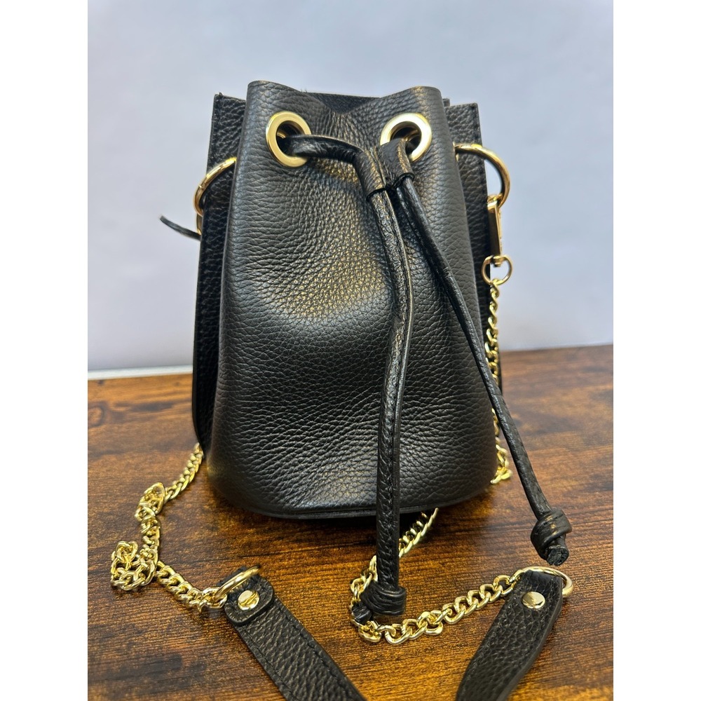 Vera Pelle Pebbled Leather Bucket Drawstring Bag Gold Chain Cross Body Purse EUC - Picture 4 of 16